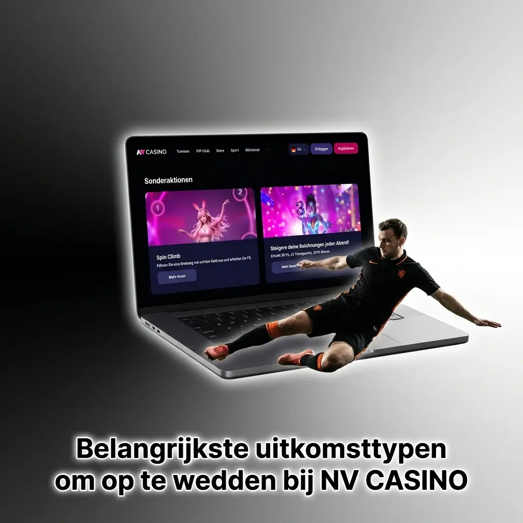Overzicht van uitkomsttypen bij NV Casino: 1X2, Over/Under, Handicap en Beide Teams Scoren met voorbeelden.