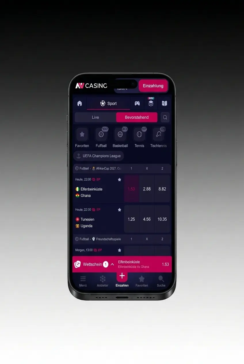 Stappenplan om te wedden in de NV CASINO app: sport kiezen, quoteringen bekijken en weddenschap bevestigen.