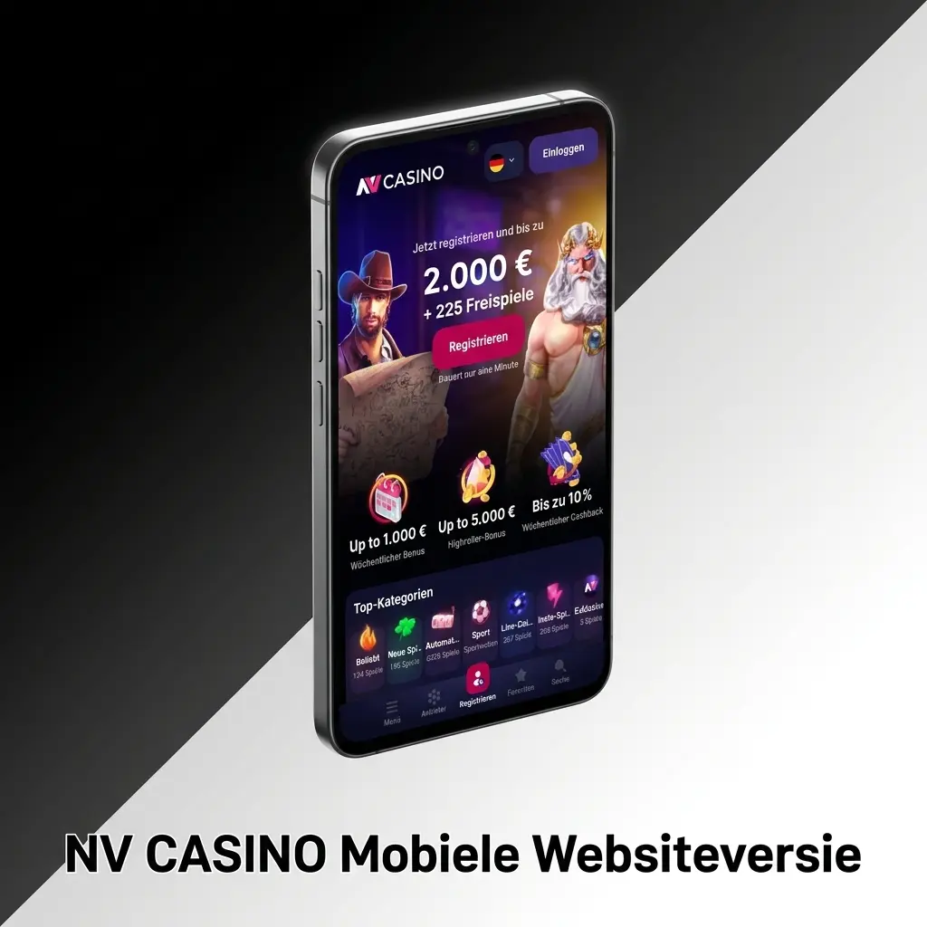 Mobiele websiteversie van NV CASINO met sportweddenschappen, casinospellen en betaalmethoden, direct speelbaar via de browser