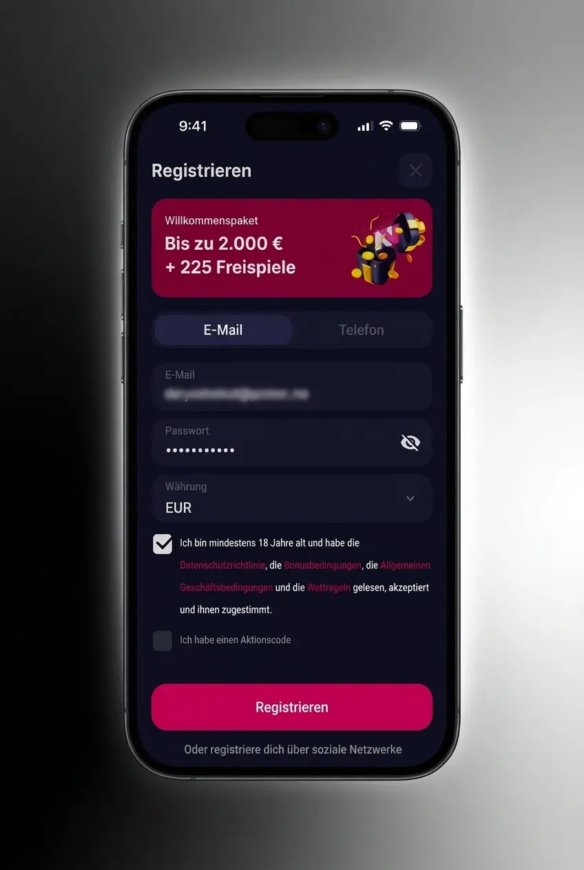 Registreren via de NV CASINO applicatie: account aanmaken, gegevens invullen en verifiëren voor spelers vanaf 18 jaar.
